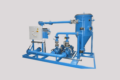 Blue precoat filter in compact design on grey background
