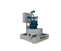 3D rendering of a FAUDI return pump station in grey with blue elements and FAUDI logo