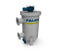 Grauer Rückspülfilter mit FAUDI Logo auf weißem Hintergrund