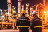 Filtration system for reactor protection, two men looking at the refinery